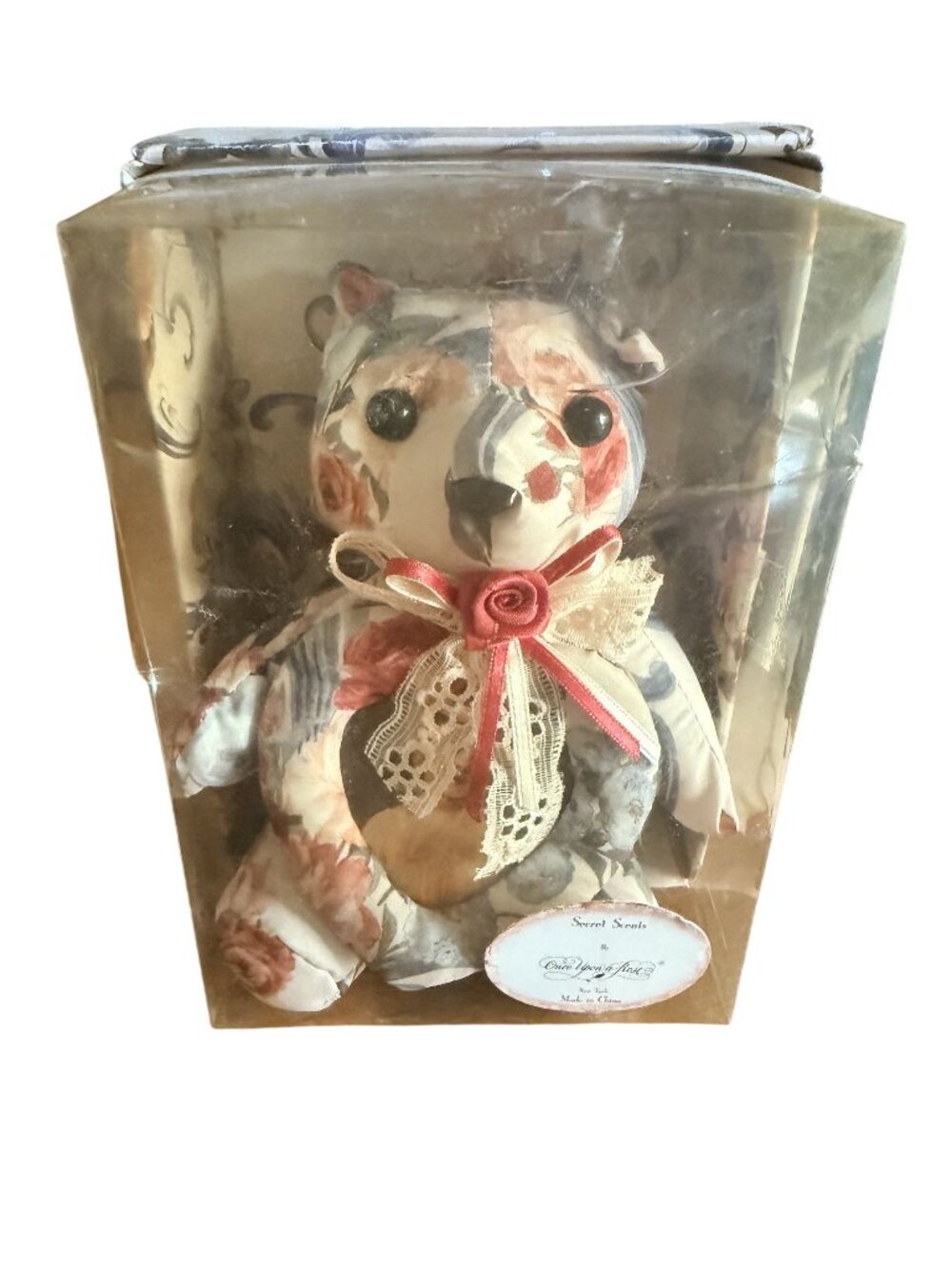 Floral Scented Fabric Teddy Bear With Lace Bow By Once Upon A Rose 10" Boxed